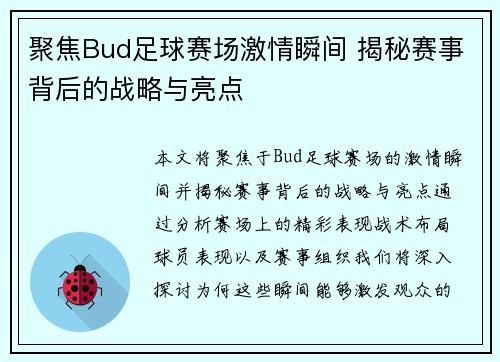 聚焦Bud足球赛场激情瞬间 揭秘赛事背后的战略与亮点